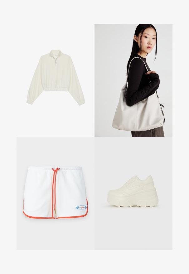 Kort genser i kremfarget stoff, med høy krage, halv glidelås, elastisk nederste kant og mansjetter, med en glatt tekstur og minimalistisk design.; Hvite shorts med oransje snor og kant. Har et grafisk logo i blått og rødt. Myk stoff med et avslappet design.; Hvite plattformsnickers med en glatt læraktig overdel, avrundet form, polstret krage og teksturert gummisåle med tydelige dekk.; Beige håndveske laget av mykt materiale, med en slapp design, sydd detaljer og to skulderstropper. Passer for daglig bruk.