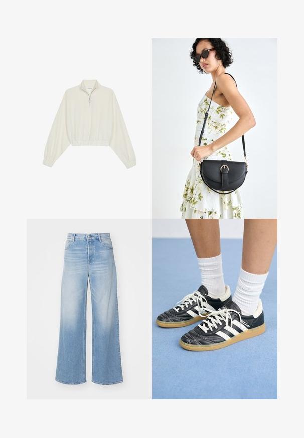 Cropped pullover in cream fabric, featuring a high collar, half-zip closure, elasticated hem and cuffs, with a smooth texture and minimal design.; Light blue wide-leg jeans made of denim, featuring a high waist, button closure, and front pockets with subtle fading. Straight hem finish.; Black leather sneakers with white stripes, round toe, white laces, and gum rubber sole. Accentuated by padded collar and branding details.; Black leather handbag with a curved shape, detachable strap, and gold hardware. The bag features a flap with a buckle detail.