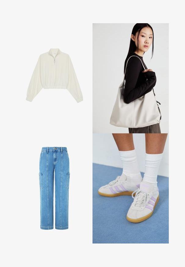 Kreminės spalvos trumpas megztinis, turintis aukštą apykaklę, pusiau užtrauktuką, elastinį apačią irRankovių kraštus, su lygiu paviršiumi ir minimalizuotu dizainu.; Šviesiai mėlynos džinsinės cargo kelnės su laisvu kirpimu, turinčios dvi šonines kišenes ir vertikalias siūles priekyje.; Šviesiai pilki zomšiniai sportbačiai su trimis alyvinėmis juostelėmis, guminis padas, plokščios raišteliai ir balti smulkūs raišteliai. Fonas mėlynas.; Bežinė rankinė, pagaminta iš minkštos medžiagos, turinti laisvą dizainą, siuvinėtas detalės ir dvi petnešos. Tinkama kasdieniam naudojimui.