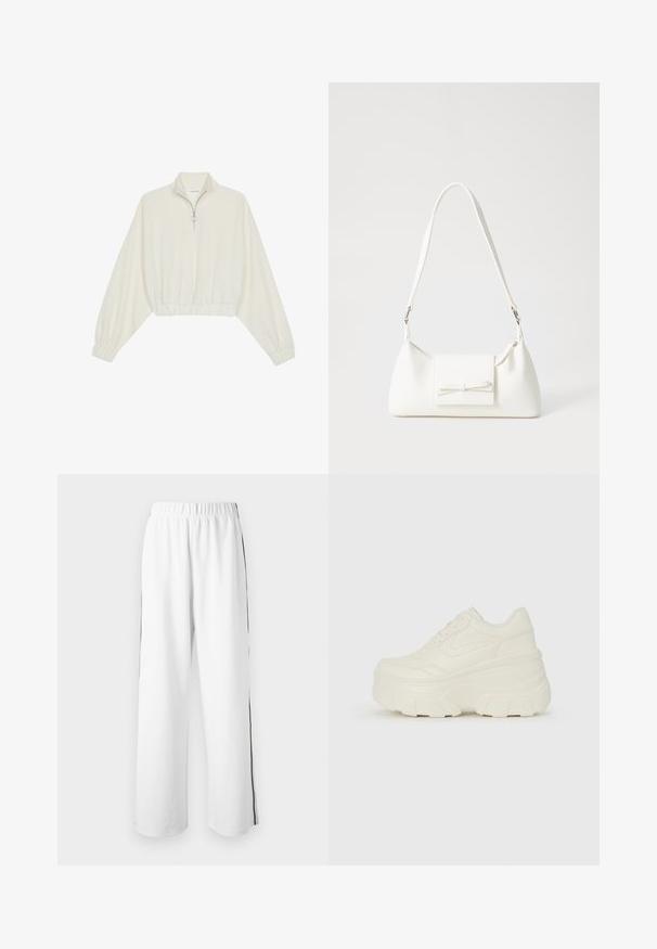 Cropped pullover in cream fabric, featuring a high collar, half-zip closure, elasticated hem and cuffs, with a smooth texture and minimal design.; White wide-leg pants with an elastic waistband and side black stripes. Made from smooth fabric, featuring a relaxed, casual fit.; White platform sneakers featuring a smooth leather-like upper, rounded shape, padded collar, and textured rubber sole with defined treads.; White synthetic handbag with a triangular shape, flat front flap and bow detail, adjustable strap, smooth texture, and minimalistic design.