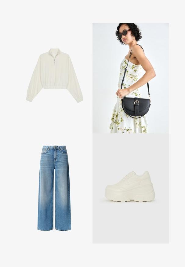 Kreminės spalvos trumpas megztinis, turintis aukštą apykaklę, pusiau užtrauktuką, elastinį apačią irRankovių kraštus, su lygiu paviršiumi ir minimalizuotu dizainu.; Plati kojinės mėlynos džinsinės kelnės su šviesiai plačiu skalbimu, aukštu liemeniu, priekinėmis kišenėmis ir subtilia išblukimo efektu palei kojas. Užsegamos mygtuku.; Baltos platformos sportbačiai su lygiu odos primenančiu paviršiumi, apvalia forma, paminkštintu apykakle ir tekstūruotu guminiu padu su ryškiais protektoriais.; Juodas odinis krepšys su išlenkta forma, nuimamu dirželiu ir auksiniais detalėmis. Krepšys turi kilpą su sagtimi.