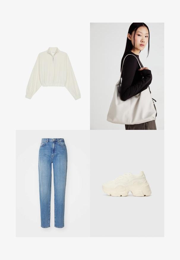 Krém színű, rövidített pulóver, magas gallérral, félig cipzáros záródással, elasztikus derék- és ujjakrésszel, sima textúrával és minimalista dizájnnal.; Világoskék, magas derekú farmernadrág egyenes szárral. Denimből készült, öt zsebbel és elöl gombos záródással. Sima textúra.; Tömbös fehér sneakers, amely texturált hálóból és szintetikus anyagokból készült, vastag talppal és bonyolult mintázattal az oldalakon.; Puha anyagból készült bézs kézitáska, laza dizájnnal, varrott részletekkel és két vállpánttal. Mindennapi használatra alkalmas.