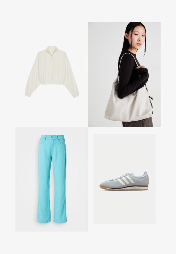 Kratka pulover v kremnem blagu, z visokim ovratnikom, pol-zadrgo, elastičnim robom in manšetami, z gladko teksturo in minimalističnim oblikovanjem.; Svijetloplave traperice širokih nogavica. Imaju zatvaranje na gumbe i patentni zatvarač, pet džepova i šavnu obrubu na rubu.; Svetlo modri semiš copati s belimi tremi črtami, gumijastim podplatom in teksturirano mrežico. Imajo gladek pokrov prstov in blagovno znamko na peti.; Bežna torbica iz mehkega materiala, z ohlapno zasnovo, šivi in dvema naramnicama. Primerna za vsakodnevno uporabo.