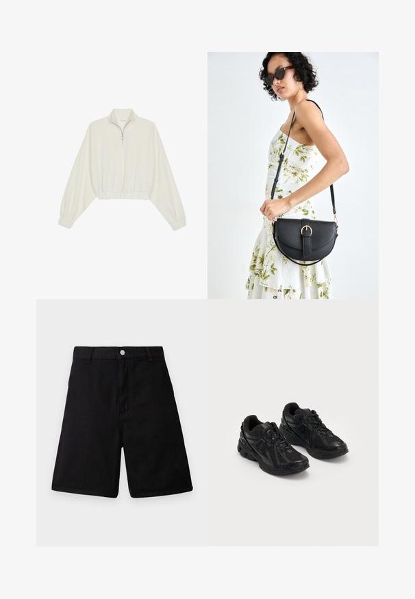 Kreptais pusītes džemperis krēmkrāsā, ar augstu apkakli, puszipa aizdari, elastīgu apakšmalu un aprocēm, ar gludu tekstūru un minimālistisku dizainu.; Melni šorti, izgatavoti no izturīgas auduma, ar taisnu griezumu, priekšējiem kabatām, rāvējslēdzēja stiegrojumu un metāla pogu aizdari.; Melnas sporta kurpes, izgatavotas no sietveida un sintētiskajiem materiāliem. Tām ir polsterēts zole, strukturēti raksti un uzraksts embosētā formātā sānos.; Melnas ādas rokassoma ar izliekta formu, noņemamu siksnu un zelta aksesuāriem. Somai ir vāciņš ar sprādzes detaļu.