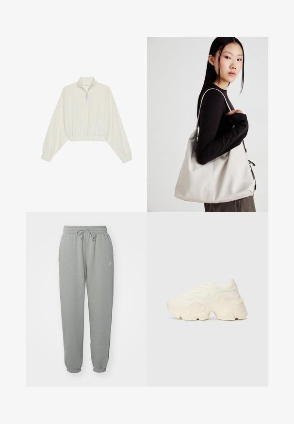 Zkrátený pulover z krémového materiálu, s vysokým golierom, polovičným zipsom, elastickým lemom a manžetami, s hladkou textúrou a minimalistickým dizajnom.; Sivé tepláky vyrobené z mäkkého materiálu, s elastickým pásom na šnúrku a manžetami na členkoch. Logo Nike po boku.; Masívne biele tenisky vyrobené z texturovanej sieťoviny a syntetických materiálov, s hrubou podošvou a zložitými vzorovými detailmi na bokoch.; Béžová kabelka vyrobená z mäkkého materiálu, s uvoľneným dizajnom, prišitými detailmi a dvoma popruhmi na nosenie na pleciach. Vhodná na každodenné nosenie.