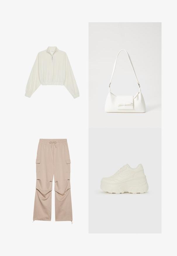 Kort striktrøje i cremefarvet stof med høj krave, halvlynlås, elastisk kant og manchetter, glat tekstur og minimalistisk design.; Beige cargo bukser med en elastisk talje, snøre, to sidelommer og lynlåslukninger ved anklerne, lavet af blødt, tekstureret stof.; Hvide platform sneakers med en glat læderlignende overdel, rund form, polstret krave og struktureret gummisål med definerede riller.; Hvid syntetisk håndtaske med en trekantet form, flad forsideklap og sløjfedetalje, justerbar strop, glat tekstur og minimalistisk design.