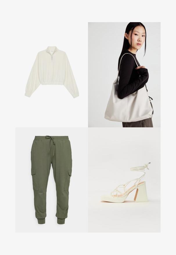 Geknipt pullover in crèmekleurige stof, met een hoge kraag, halve rits, elastische zoom en manchetten, met een soepele textuur en minimalistisch ontwerp.; Olivengroene joggingbroek van zacht materiaal, met een elastische tailleband met trekkoord, taps toelopende manchetten en zijvakjes.; Witte hoge hakken sandaal met een chunky hak, met een bandjesontwerp en enkelband. Gladde textuur met een plateau voor extra hoogte.; Beige handtas gemaakt van zacht materiaal, met een slonzig ontwerp, gestikte details en twee schouderbanden. Geschikt voor dagelijks gebruik.