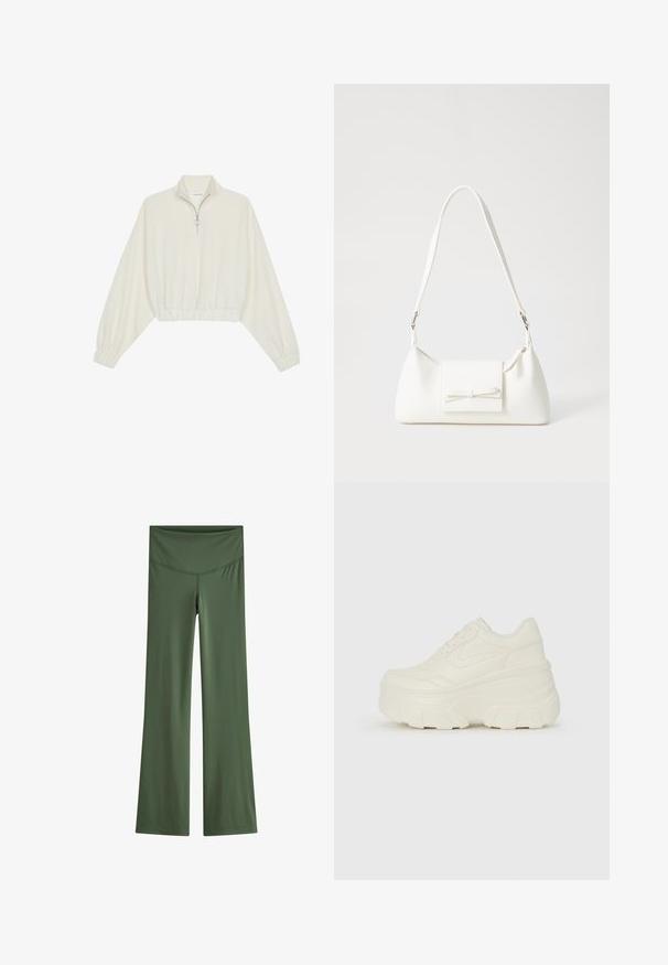 Pullover court en tissu crème, avec un col haut, fermeture éclair à mi-hauteur, ourlet et poignets élastiqués, offrant une texture lisse et un design minimaliste.; Leggings évasés en tissu vert olive uni, dotés d'une taille lisse et d'un design épuré sans motifs ni embellissements voyants.; Baskets plateformes blanches avec une tige en simili cuir lisse, une forme arrondie, un col rembourré et une semelle en caoutchouc texturé avec des crampons définis.; Sac à main synthétique blanc en forme triangulaire, avec un rabat avant plat et un détail en nœud, une bandoulière ajustable, une texture lisse et un design minimaliste.