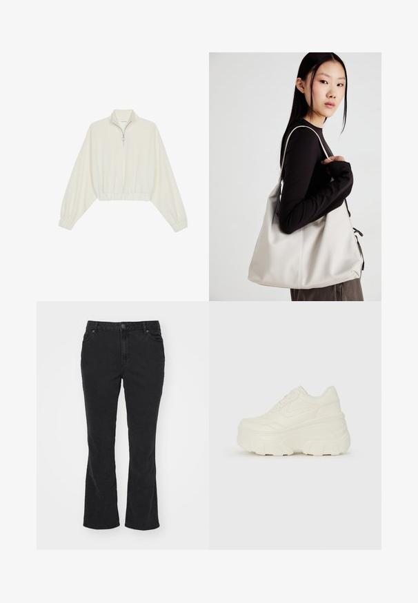 Pulover scurt din stofă crem, cu guler înalt, închidere cu fermoar pe jumătate, elastic la margini și la manșete, cu o textură netedă și un design minimalist.; Jeans negri evazați, cu talie medie, închidere cu buton și buzunare frontale. Fabricati dintr-un material denim cu textură moale și cusături vizibile.; Adidași platformă albi, cu un superior neted asemănător cu pielea, formă rotunjită, guler căptușit și talpă din cauciuc texturată cu borduri bine definite.; Geantă bej din material moale, cu un design lejer, detalii cusute și două bretele pentru umăr. Potrivită pentru utilizarea zilnică.