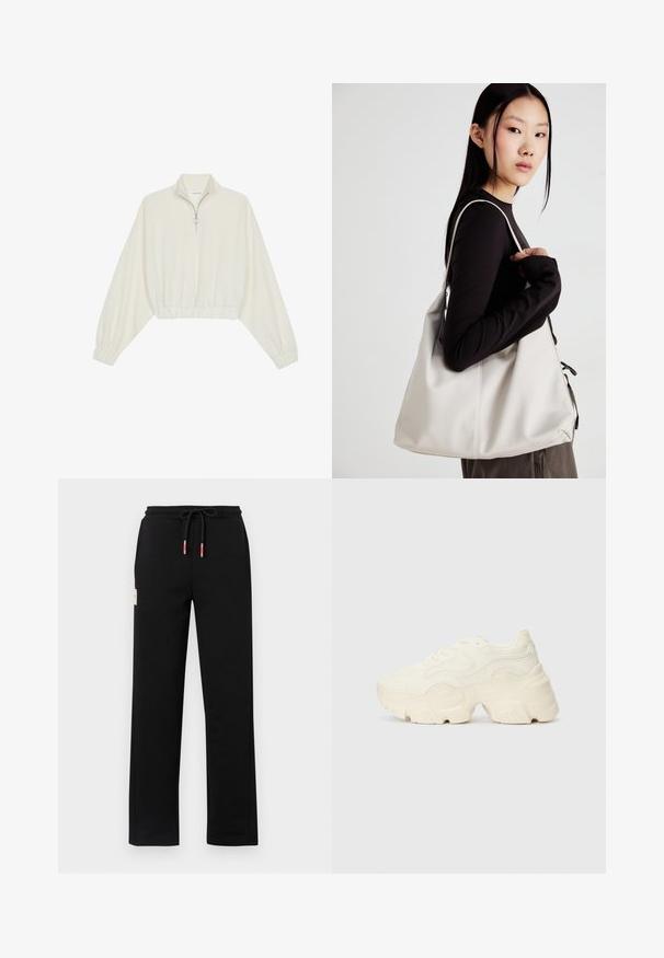 Krém színű, rövidített pulóver, magas gallérral, félig cipzáros záródással, elasztikus derék- és ujjakrésszel, sima textúrával és minimalista dizájnnal.; Fekete melegítőnadrág, húzózsinórral a derékrészen, piros és fehér díszítéssel, oldalzsebekkel és egy kis címkével az elején. Sima tapintású.; Tömbös fehér sneakers, amely texturált hálóból és szintetikus anyagokból készült, vastag talppal és bonyolult mintázattal az oldalakon.; Puha anyagból készült bézs kézitáska, laza dizájnnal, varrott részletekkel és két vállpánttal. Mindennapi használatra alkalmas.