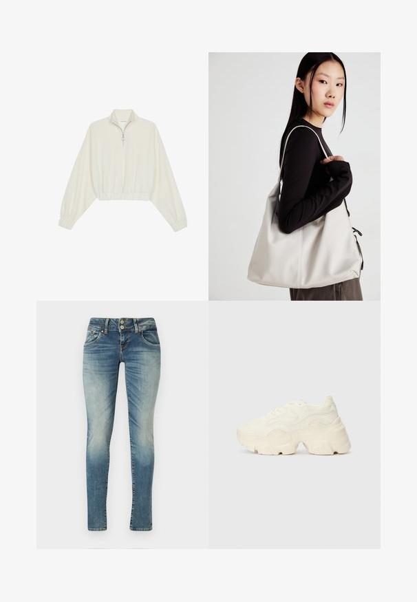 Kreminės spalvos trumpas megztinis, turintis aukštą apykaklę, pusiau užtrauktuką, elastinį apačią irRankovių kraštus, su lygiu paviršiumi ir minimalizuotu dizainu.; Šie lieknas kirpimas mėlyni džinsai su šviesiu dėvėjimu, penkios kišenės, dvigubas mygtuko uždarymas ir kontrastinga siuvimo siūlė.; Masyvios baltos sportbačiai, pagaminti iš tekstūruoto tinklelio ir sintetinių medžiagų, pasižymintys storu padu ir išsamiu raštų detalizavimu šonuose.; Bežinė rankinė, pagaminta iš minkštos medžiagos, turinti laisvą dizainą, siuvinėtas detalės ir dvi petnešos. Tinkama kasdieniam naudojimui.