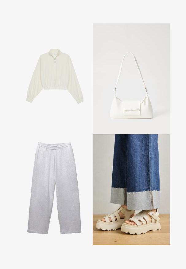 Gerippter Pullover aus cremefarbener Baumwolle mit hohem Kragen, halbem Reißverschluss, elastischen Säumen und Bündchen, glatter Textur und minimalistischem Design.; Hellgraue, weit geschnittene Sweatpants mit elastischem Bund und gesteppten Nähten vor einem weißen Hintergrund.; Beige Plattform-Sandalen mit dicken Sohlen verfügen über ein Riemchen-Design und verstellbare Knöchelriemen. Getragen zu weit geschnittenen Denim-Hosen, ist ein Saum ausgefranst.; Weiße synthetische Handtasche in dreieckiger Form, flache Vorderklappe und Schleifendetail, verstellbarer Trageriemen, glatte Textur und minimalistisches Design.