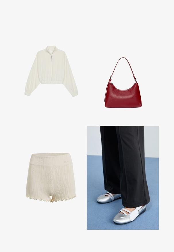 Skraćeni pulover od kremastog materijala, s visokim ovratnikom, zatvaranjem na polovicu munje, elastičnim rubom i manžetama, s glatkom teksturom i minimalnim dizajnom.; Pamuk šorc u boji slonovače s teksturiranim vertikalnim crtama, valovitim rubom i glatkim pojasom s malim logotipom.; Srebrne i bijele ravne cipele s preklopnim trakama i teksturiranim detaljima, u kombinaciji s širokim crnim hlačama. Postavljene na plavu podlogu.; Crvena kožna torba preko ramena s zakrivljenim dizajnom, glatkom teksturom i zatvaranjem na patentni zatvarač. Ima tanku dršku za nošenje.