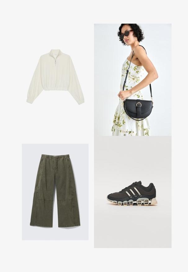 Kreptais pusītes džemperis krēmkrāsā, ar augstu apkakli, puszipa aizdari, elastīgu apakšmalu un aprocēm, ar gludu tekstūru un minimālistisku dizainu.; Platmalas bikses olīvzaļā audumā, ar elastīgu jostasvietu, redzamām šuvēm un brīvu piegriezumu ar sānu šuvēm.; Melna sporta apavi ar teksturētu augšdaļu, trim sudraba svītrām un atšķirīgu amortizācijas zoli, kas sastāv no vairākiem integrētiem sekvencēm.; Melnas ādas rokassoma ar izliekta formu, noņemamu siksnu un zelta aksesuāriem. Somai ir vāciņš ar sprādzes detaļu.