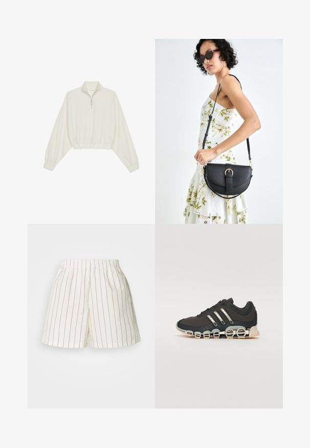 Kort genser i kremfarget stoff, med høy krage, halv glidelås, elastisk nederste kant og mansjetter, med en glatt tekstur og minimalistisk design.; Hvite shorts med røde vertikale striper, med elastisk midjebånd og avslappet passform. Laget av et lett bomullsmateriale.; Svarte sportsko med en strukturert overflate, tre sølvstriper, og en distinkt støtdempende såle med flere integrerte seksjoner.; Svart lærveske med en buet form, avtagbar stropp og gullbeslag. Vesken har et klaff med spenne-detall.