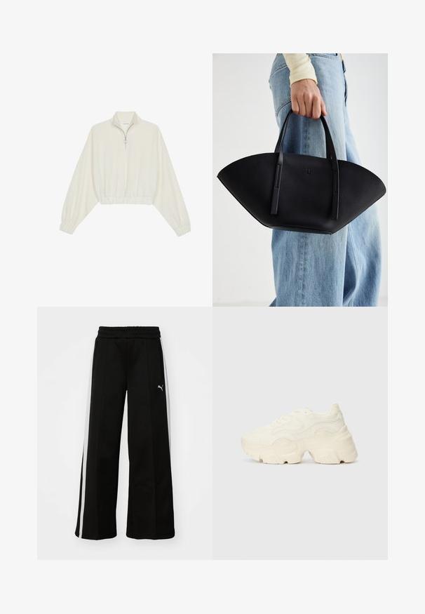 Geknipt pullover in crèmekleurige stof, met een hoge kraag, halve rits, elastische zoom en manchetten, met een soepele textuur en minimalistisch ontwerp.; Zwarte wijde broek met een elastische tailleband, verticale witte strepen, zijzakken met rits en een klein logo op de bovenbeen.; Chunky witte sneakers gemaakt van geperforeerd mesh en synthetische materialen, met een dikke zool en ingewikkelde patroon details aan de zijkanten.; Zwarte leren handtas met een unieke waaier vorm, voorzien van platte handvatten. Het oppervlak heeft een gewelfde textuur en een minimalistisch ontwerp.