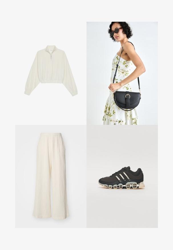 Pullover court en tissu crème, avec un col haut, fermeture éclair à mi-hauteur, ourlet et poignets élastiqués, offrant une texture lisse et un design minimaliste.; Pantalons larges crème en tissu texturé avec une taille élastique et deux poches latérales, arborant un motif à côtes verticales.; Chaussure de sport noire avec un dessus texturé, trois bandes argentées et une semelle amortissante distinctive comportant plusieurs sections intégrées.; Sac à main en cuir noir avec une forme courbée, bandoulière amovible et des accessoires en or. Le sac est doté d'un rabat avec un détail de boucle.