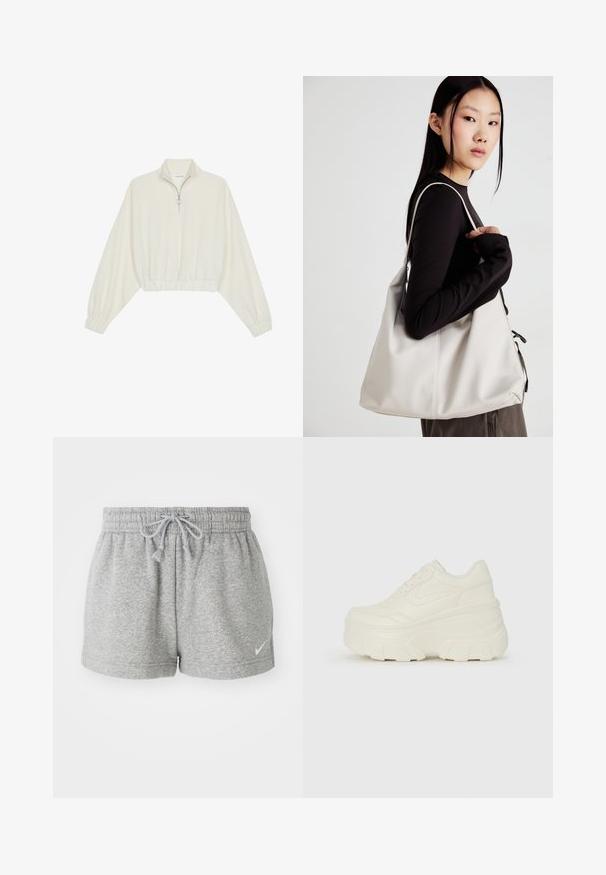 Avkortad tröja i krämfärgad tyg, med hög krage, halvdragkedja, elastisk nederkant och ärmar, med en slät yta och minimalistisk design.; Grå bomullsshorts med elastisk midjeband, snörning och sidofickor. Har en liten vit logotyp på den nedre vänstra sidan av benet.; Vita plattformssneakers med en slät läderliknande överdel, rundad form, vadderad krage och texturerad gummisula med definierade mönster.; Beige handväska tillverkad av mjukt material, med en avslappnad design, sydda detaljer och två axelremmar. Lämplig för dagligt bruk.