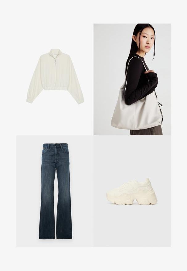 Kreemfarbenest lühikese varrukaga kudum, millel on kõrge kaelus, pool tõmblukk, elastne allosa ja varrukad, sile tekstuur ja minimaalne disain.; Tumedast sinise denimist laiad teksad klassikalise viie taskuga disainiga ning kerge pleekimisega. Nööp ja lukuga sulgemine taljes, tugevdatud õmblused.; Paksud valged tennised, mis on valmistatud tekstureeritud võrgu- ja sünteetilistest materjalidest, pakuvad paksu tallaga ja keerukat mustrit külgedel.; Bež käekott pehme materjali, millel on lõtv disain, õmblustega detailid ja kaks õlarihma. Sobib igapäevaseks kasutamiseks.