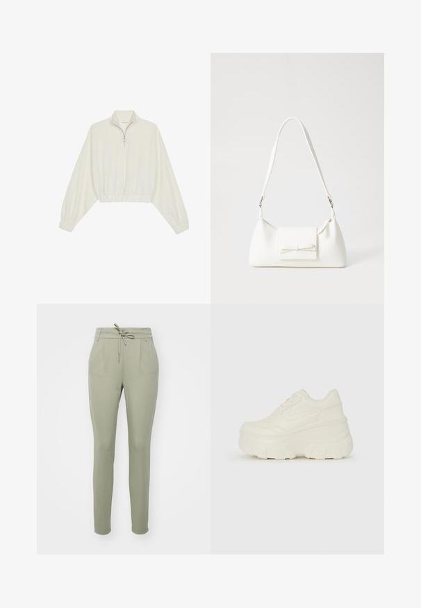 Cropped pullover in cream fabric, featuring a high collar, half-zip closure, elasticated hem and cuffs, with a smooth texture and minimal design.; Light green tapered pants with a drawstring waist, front pleats, and elastic cuffs, made from soft, smooth fabric.; White platform sneakers featuring a smooth leather-like upper, rounded shape, padded collar, and textured rubber sole with defined treads.; White synthetic handbag with a triangular shape, flat front flap and bow detail, adjustable strap, smooth texture, and minimalistic design.