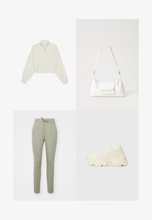 Pullover curto em tecido creme, apresentando um colarinho alto, fecho de meio zíper, bainha e punhos elásticos, com uma textura suave e design minimalista.; Calças verde-claro em pérpendiculares com cintura elástica, pregas frontais e punhos elásticos, feitas de um tecido suave e liso.; Sapatilhas brancas chunky feitas de malha texturizada e materiais sintéticos, apresentando uma sola espessa e detalhes de padrão intrincados ao longo dos lados.; Mala sintética branca com formato triangular, aba frontal plana e detalhe de laço, alça ajustável, textura suave e design minimalista.