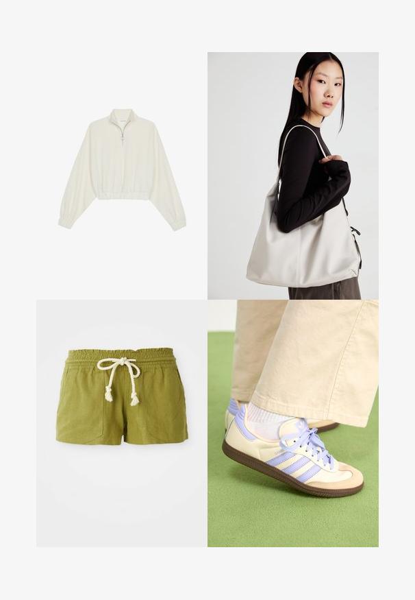 Geknipt pullover in crèmekleurige stof, met een hoge kraag, halve rits, elastische zoom en manchetten, met een soepele textuur en minimalistisch ontwerp.; Groene linnenblend shorts met een elastische tailleband, een verstelbare strik en twee voorzakken. Korte, casual pasvorm met gestructureerde stof.; Crème- en lavendel-sneakers met drie strepen en een gestructureerde bruine zool, voorzien van veters en een gewatteerde hiel. Zachte stoffen bovenkant.; Beige handtas gemaakt van zacht materiaal, met een slonzig ontwerp, gestikte details en twee schouderbanden. Geschikt voor dagelijks gebruik.