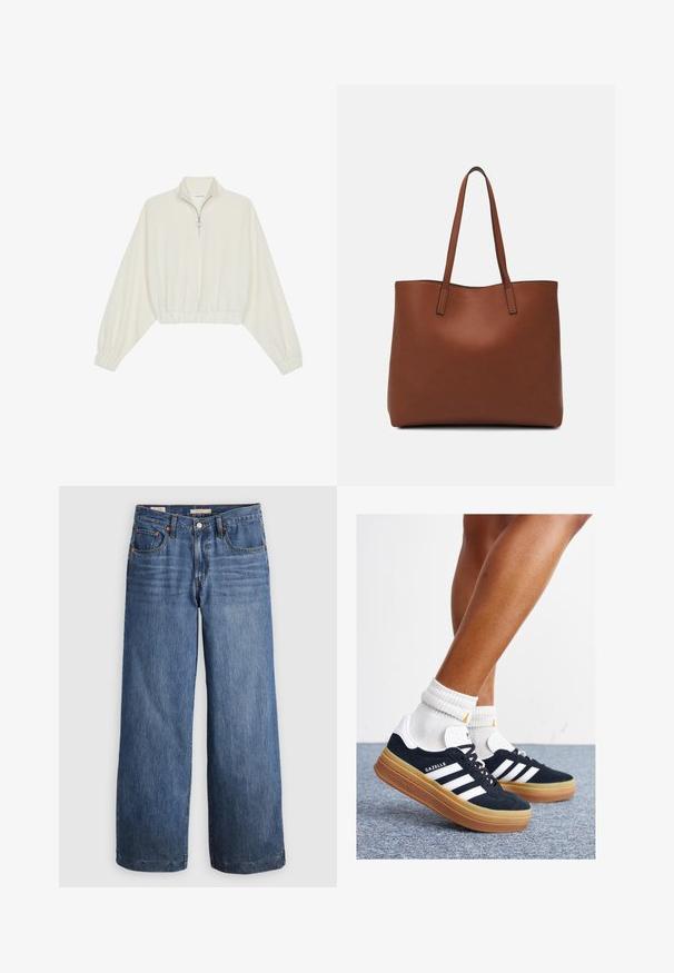 Pullover curto em tecido creme, apresentando um colarinho alto, fecho de meio zíper, bainha e punhos elásticos, com uma textura suave e design minimalista.; Calças de gangue de perna larga em denim azul, com cintura alta, cinco bolsos e costura laranja contrastante. Textura suave, sem adornos.; Ténis de camurça preta com riscas e detalhes brancos, biqueira arredondada, sola em borracha cor de goma, combinados com meias brancas caneladas até à altura do tornozelo.; Bolsa tote de couro castanho com uma textura suave, design de abertura superior e duas alças para o ombro. Apresenta costura mínima e sem hardware visível.