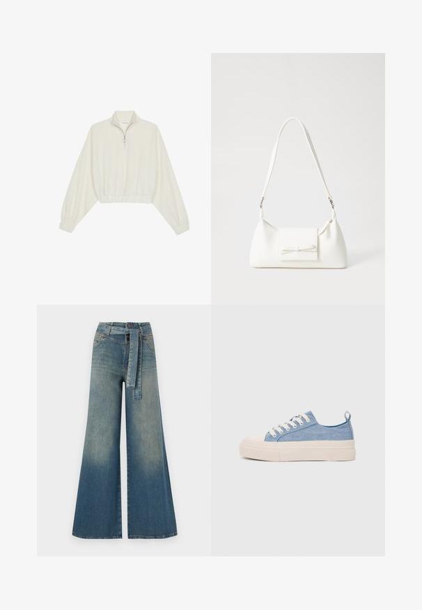 Skraćeni pulover od kremastog materijala, s visokim ovratnikom, zatvaranjem na polovicu munje, elastičnim rubom i manžetama, s glatkom teksturom i minimalnim dizajnom.; Široke traperice s gradijentom od svijetloplave do tamnoplave, visokog struka, petljama za remen i remenom od istog materijala. Teksturirana traper tkanina.; Svijetloplave platnene tenisice s kremastim gumenim vrhom i potplatom, koje imaju bijele vezice i petnu traku.; Bijela sintetička torbica s trokutastim oblikom, ravnim prednjim poklopcem i detaljem u obliku mašne, podesivom remenom, glatkom teksturom i minimalističkim dizajnom.