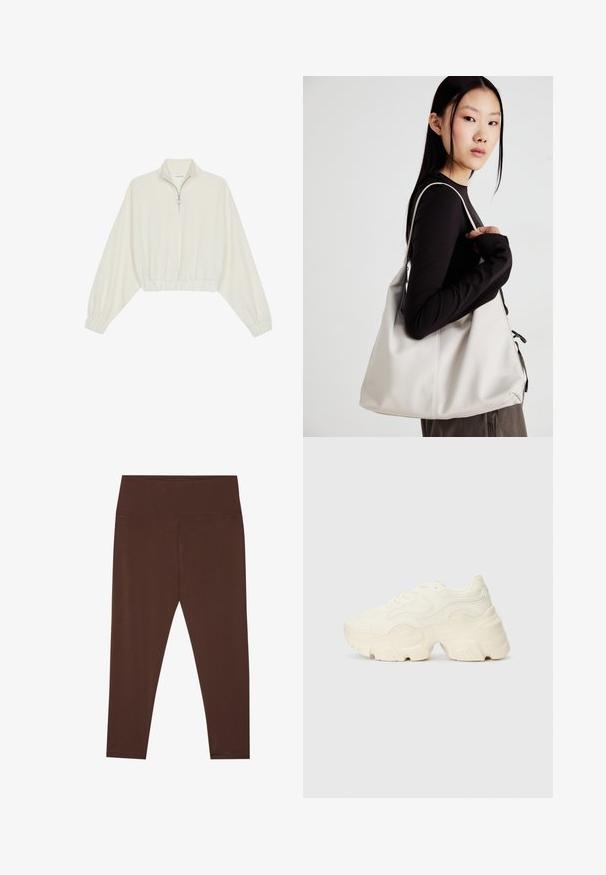 Pullover curto em tecido creme, apresentando um colarinho alto, fecho de meio zíper, bainha e punhos elásticos, com uma textura suave e design minimalista.; Leggings marrons de cintura média feitos de um tecido elástico com uma textura suave. Têm costuras mínimas e um design ajustado.; Sapatilhas brancas chunky feitas de malha texturizada e materiais sintéticos, apresentando uma sola espessa e detalhes de padrão intrincados ao longo dos lados.; Uma bolsa bege feita de material macio, com um design descontraído, detalhes de costura e duas alças para o ombro. Adequada para uso diário.