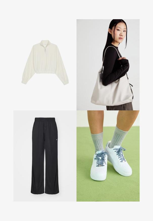 Kreminės spalvos trumpas megztinis, turintis aukštą apykaklę, pusiau užtrauktuką, elastinį apačią irRankovių kraštus, su lygiu paviršiumi ir minimalizuotu dizainu.; Nike Sportswear PANT COORD - Treningo apatinė dalis - black; Balti odiniai sportbačiai su mėlynais akcentais, perforuota nosies dizainu ir tekstūruotomis mėlynai-baltomis raištelėmis, dėvimi su pilkais raukšlėtais kojiniais.; Bežinė rankinė, pagaminta iš minkštos medžiagos, turinti laisvą dizainą, siuvinėtas detalės ir dvi petnešos. Tinkama kasdieniam naudojimui.