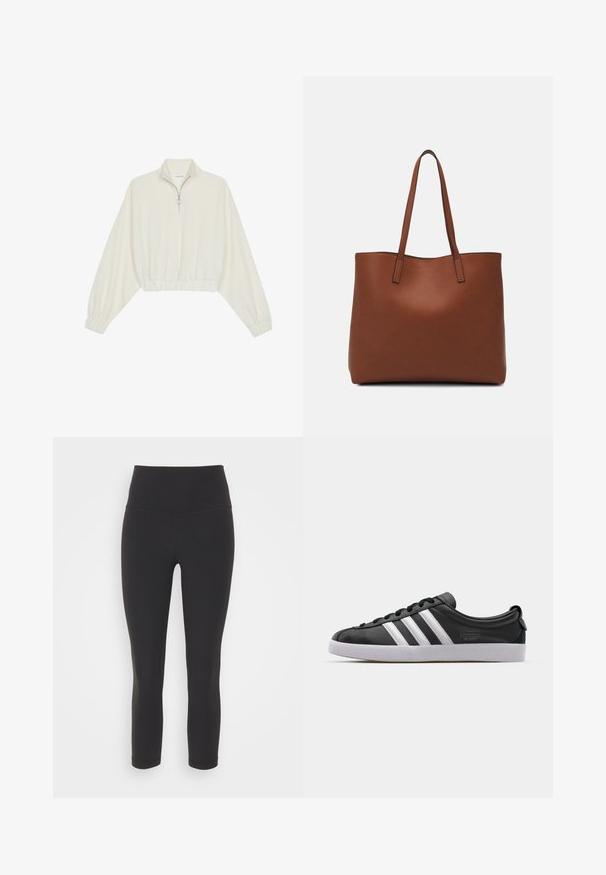 Kreptais pusītes džemperis krēmkrāsā, ar augstu apkakli, puszipa aizdari, elastīgu apakšmalu un aprocēm, ar gludu tekstūru un minimālistisku dizainu.; Melni, pieguļoši legingi, izgatavoti no elastīga auduma, ar augstu jostasvietu un gludu, matētu tekstūru, bez rakstiem vai rotājumiem.; Melnas ādas sporta kurpes ar baltu trīs svītru dizainu, noapaļota purngala forma, plāns balts gumijas zole un zīmola detaļa sānos.; Brūna ādas iepirkumu soma ar gludu tekstūru, atvērta augšdaļa un divas plecu siksnas. Izceļas ar minimālām šuvēm un redzamu aparatūru nav.