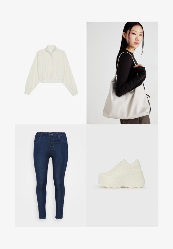 Lyhyt kerrosvaate vaaleasta kankaasta, jossa on korkea kaulus, puolivetoketjukiinnitys, joustavat helma ja hihansuut, tasainen pinta ja minimalistinen muotoilu.; Tumman siniset denim-farkut, joissa on korkea vyötärö, viisi nappia edessä, tavallinen taskumuotoilu ja sileä pinta.; Valkoiset tasapohjakengät, joissa on sileä nahkamainen päällinen, pyöristetty muoto, pehmustettu nilkkaosa ja texturoitu kumipohja, jossa on hyvin määritellyt urat.; Beige laukku, joka on valmistettu pehmeästä materiaalista, ja siinä on rento muotoilu, ommeltu yksityiskohtia ja kaksi olkahihnaa. Sopii päivittäiseen käyttöön.