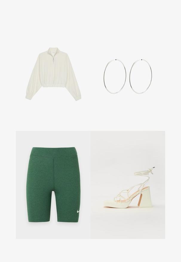 Cropped pullover in cream fabric, featuring a high collar, half-zip closure, elasticated hem and cuffs, with a smooth texture and minimal design.; Green athletic shorts made of stretch fabric. High waist design with flat seams and a white Nike logo on the lower left leg.; White high-heeled sandal with a chunky heel, featuring a strappy design and ankle tie. Smooth texture with a platform front for added height.; Silver hoop earrings with a smooth, round design and a polished finish. They are thin and lightweight, featuring a simple clasp closure.