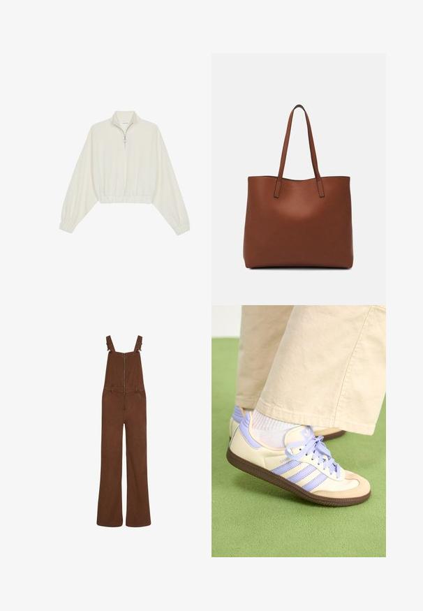 Sudadera cropped en tejido crema, con cuello alto, cierre de media cremallera, dobladillo y puños elásticos, con una textura suave y un diseño minimalista.; Pantalones de tirantes anchos de pana marrón con cremallera frontal y tirantes ajustables, que cuentan con pasadores para cinturón y dos bolsillos frontales.; Zapatillas de crema y lavanda con tres rayas y una suela marrón texturizada, que cuentan con cordones y un talón acolchado. Parte superior de tela suave.; Bolso tote de cuero marrón con una textura suave, diseño de apertura superior y dos correas para el hombro. Presenta una costura mínima y sin herrajes visibles.