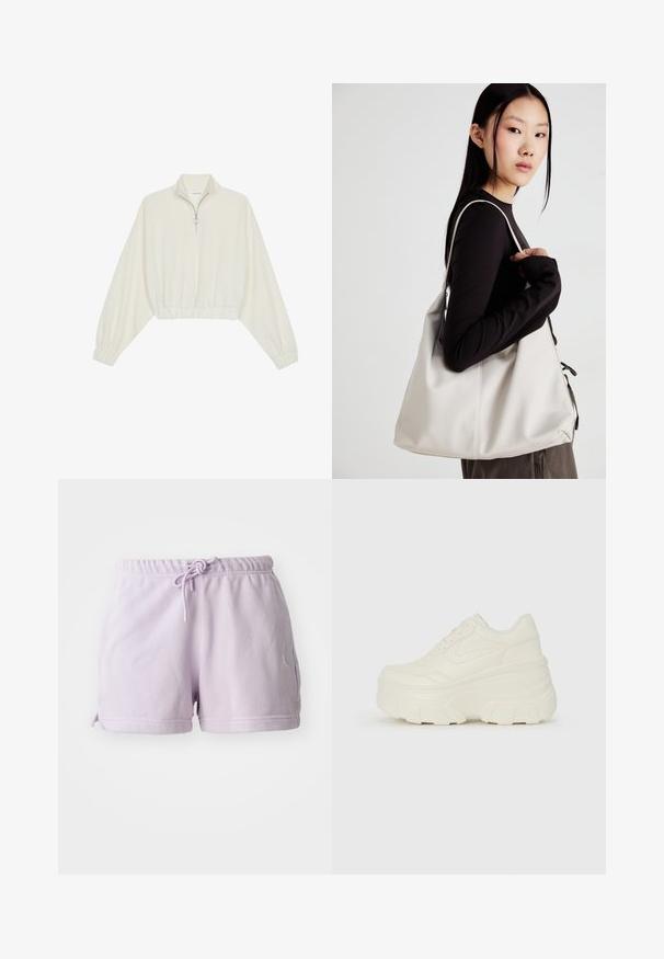 Kreminės spalvos trumpas megztinis, turintis aukštą apykaklę, pusiau užtrauktuką, elastinį apačią irRankovių kraštus, su lygiu paviršiumi ir minimalizuotu dizainu.; Alyviniai medvilniniai šortai su elastingu juosmens diržu, raišteliu ir šoninėmis plyšiais. Kairiajame šlaunies šone yra balta Jordan logotipas.; Baltos platformos sportbačiai su lygiu odos primenančiu paviršiumi, apvalia forma, paminkštintu apykakle ir tekstūruotu guminiu padu su ryškiais protektoriais.; Bežinė rankinė, pagaminta iš minkštos medžiagos, turinti laisvą dizainą, siuvinėtas detalės ir dvi petnešos. Tinkama kasdieniam naudojimui.