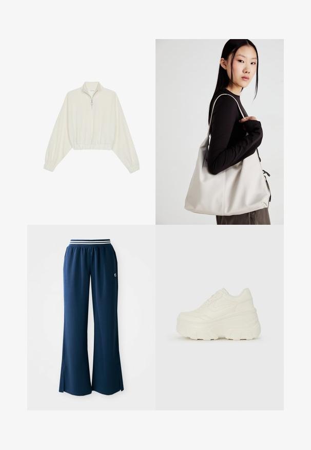 Kort genser i kremfarget stoff, med høy krage, halv glidelås, elastisk nederste kant og mansjetter, med en glatt tekstur og minimalistisk design.; Mørkeblå treningbukser med vide ben, elastisk midjebånd med en hvit stripe, og sidestykker for bedre bevegelse. Logo på lommen.; Hvite plattformsnickers med en glatt læraktig overdel, avrundet form, polstret krage og teksturert gummisåle med tydelige dekk.; Beige håndveske laget av mykt materiale, med en slapp design, sydd detaljer og to skulderstropper. Passer for daglig bruk.