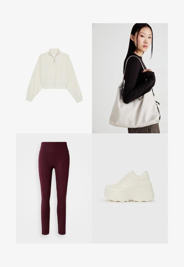 Kreminės spalvos trumpas megztinis, turintis aukštą apykaklę, pusiau užtrauktuką, elastinį apačią irRankovių kraštus, su lygiu paviršiumi ir minimalizuotu dizainu.; Tamsiai raudonos legginsai su aukštu juosmeniu, pagaminti iš elastingos medžiagos, turintys lygią tekstūrą ir priglundantį dizainą. Nėra matomų raštų ar akcentų.; Baltos platformos sportbačiai su lygiu odos primenančiu paviršiumi, apvalia forma, paminkštintu apykakle ir tekstūruotu guminiu padu su ryškiais protektoriais.; Bežinė rankinė, pagaminta iš minkštos medžiagos, turinti laisvą dizainą, siuvinėtas detalės ir dvi petnešos. Tinkama kasdieniam naudojimui.