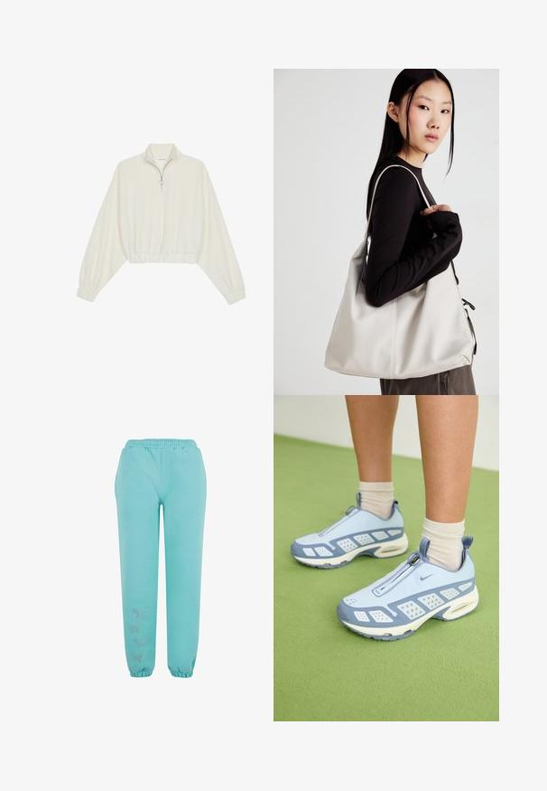 Gerippter Pullover aus cremefarbener Baumwolle mit hohem Kragen, halbem Reißverschluss, elastischen Säumen und Bündchen, glatter Textur und minimalistischem Design.; Türkise Jogginghose aus weichem Stoff, mit elastischem Bund, elastischen Bündchen und dekorativen Schmetterlingsverzierungen.; Hellblaue Sportschuhe mit weißen Akzenten, strukturierten Bereichen und einem Reißverschluss. Sie verfügen über eine sichtbare Luftpolster-Sohle und eine Gummisohle.; Beige Handtasche aus weichem Material, mit einem lässigen Design, gesteppten Details und zwei Schulterriemen. Geeignet für den täglichen Gebrauch.