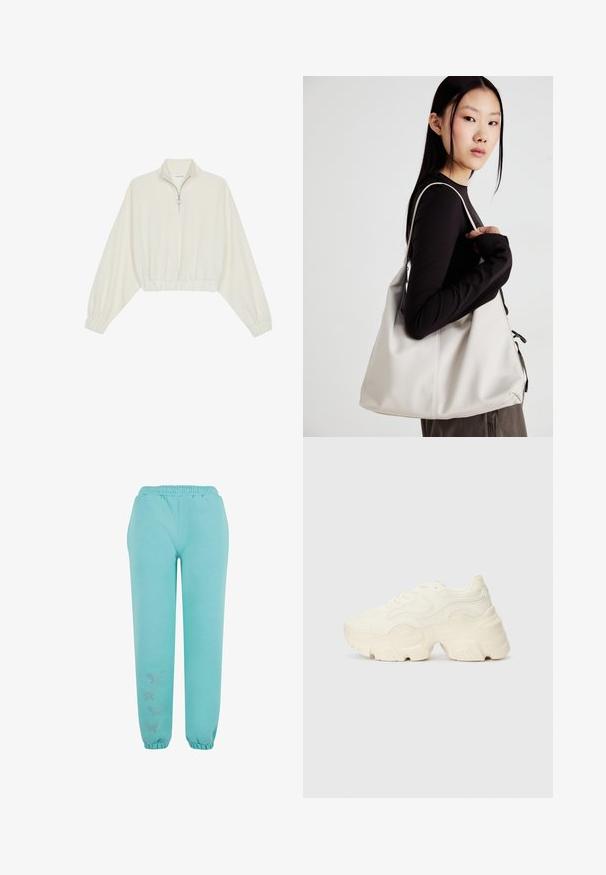 Kratka pulover v kremnem blagu, z visokim ovratnikom, pol-zadrgo, elastičnim robom in manšetami, z gladko teksturo in minimalističnim oblikovanjem.; Turkizne trenirke iz mehkega materiala, z elastičnim pasom, elastičnimi manšetami in dekorativnimi dodatki v obliki metuljev.; Debele bele športne copate, izdelane iz teksturirane mrežaste in sintetične materialov, z debelim podplatom in zapletenimi vzorčičnimi detajli ob straneh.; Bežna torbica iz mehkega materiala, z ohlapno zasnovo, šivi in dvema naramnicama. Primerna za vsakodnevno uporabo.
