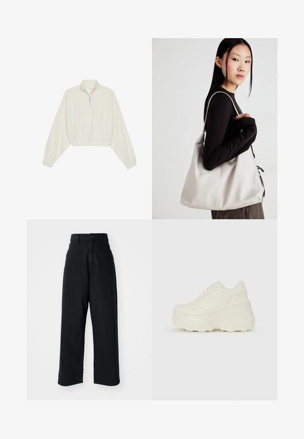 Avkortad tröja i krämfärgad tyg, med hög krage, halvdragkedja, elastisk nederkant och ärmar, med en slät yta och minimalistisk design.; Svarta högmidjade vid jeans med framfickor och knäppning, uppvisade mot en neutral vit bakgrund.; Vita plattformssneakers med en slät läderliknande överdel, rundad form, vadderad krage och texturerad gummisula med definierade mönster.; Beige handväska tillverkad av mjukt material, med en avslappnad design, sydda detaljer och två axelremmar. Lämplig för dagligt bruk.