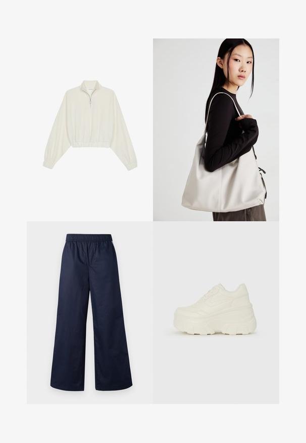 Skraćeni pulover od kremastog materijala, s visokim ovratnikom, zatvaranjem na polovicu munje, elastičnim rubom i manžetama, s glatkom teksturom i minimalnim dizajnom.; Hlače širokih nogavica u tamnoplavoj boji, s elastičnim strukom, glatkom teksturom i bez vidljivih zatvarača ili džepova.; Bijele platformske tenisice s glatkim gornjim dijelom koji nalikuje koži, zaobljenim oblikom, podstavljenim okvirom i teksturiranim gumeni potplat s definiranom profilacijom.; Bežna torba od mekog materijala s opuštenim dizajnom, šivanim detaljima i dva remena za rame. Pogodna za svakodnevnu upotrebu.
