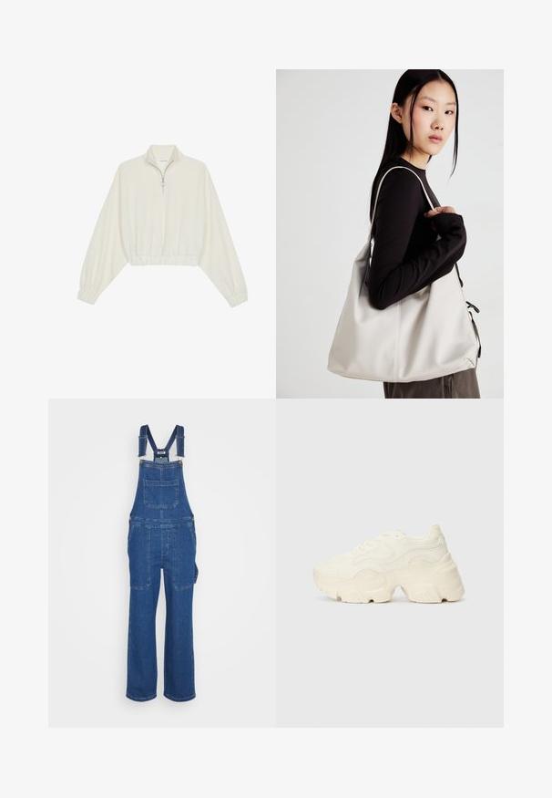 Cropped pullover in cream fabric, featuring a high collar, half-zip closure, elasticated hem and cuffs, with a smooth texture and minimal design.; Denim overalls in a medium blue hue. Features adjustable straps, front pocket, and wide legs. Smooth texture with basic stitching details.; Chunky white sneakers made of textured mesh and synthetic materials, featuring a thick sole and intricate pattern details along the sides.; Beige handbag made of soft material, featuring a slouchy design, stitched detailing, and two shoulder straps. Suitable for everyday use.