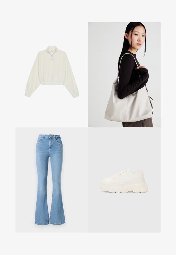 Kreptais pusītes džemperis krēmkrāsā, ar augstu apkakli, puszipa aizdari, elastīgu apakšmalu un aprocēm, ar gludu tekstūru un minimālistisku dizainu.; Gai zilo flared džinsu bikses, kas izgatavotas no denima, ar augstu vidukli, divām priekšējām kabatām un izšuvumiem gar šuvēm.; Baltas kavu tenisa apavi ar masīvu zoli, apaļu purngalu un piecām acīm auklām. Aizmugures cilpa vieglai uzvilkšanai. Gluda tekstūra, minimāls dizains.; Bežs rokassoma, izgatavota no mīksta materiāla, ar brīvu dizainu, izšūtu apdari un divām plecu siksnām. Piemērota ikdienas lietošanai.