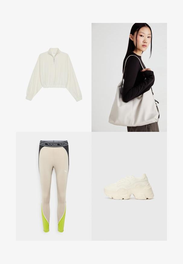 Kratka pulover v kremnem blagu, z visokim ovratnikom, pol-zadrgo, elastičnim robom in manšetami, z gladko teksturo in minimalističnim oblikovanjem.; Bež legging hlače z črnim pasom, z zelenimi detajli in belimi okrasnimi šivi. Narejene iz elastičnega materiala za udobje.; Debele bele športne copate, izdelane iz teksturirane mrežaste in sintetične materialov, z debelim podplatom in zapletenimi vzorčičnimi detajli ob straneh.; Bežna torbica iz mehkega materiala, z ohlapno zasnovo, šivi in dvema naramnicama. Primerna za vsakodnevno uporabo.