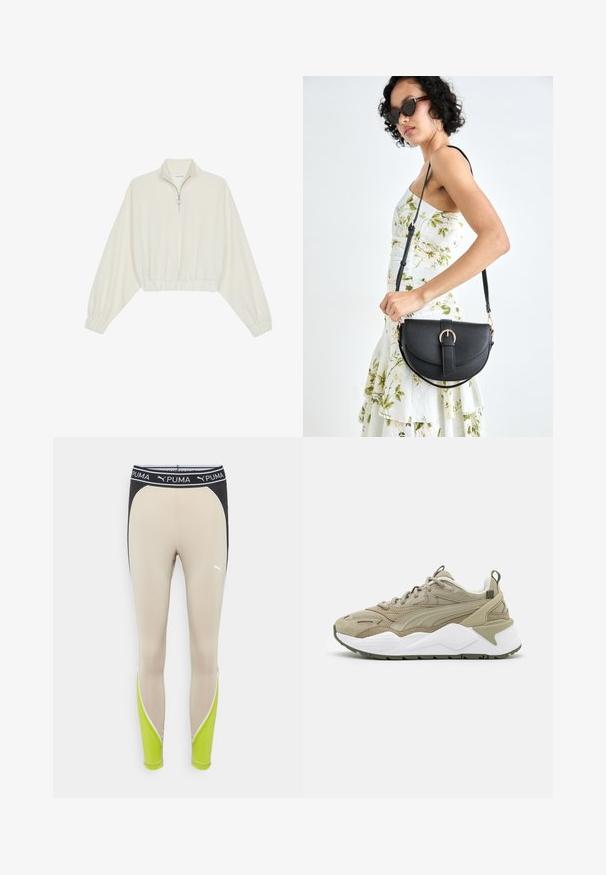 Pullover curto em tecido creme, apresentando um colarinho alto, fecho de meio zíper, bainha e punhos elásticos, com uma textura suave e design minimalista.; Leggings bege com uma cintura preta, apresentando detalhes em verde e acabamentos em branco. Feitas de um material elástico para conforto.; Tenis caqui com parte superior em malha e camurça, sola intermédia branca, detalhes verdes e texturizados. Apresenta uma aba no calcanhar para facilitar o calçar.; Bolsa de couro preta com forma curva, alça destacável e detalhes em dourado. A bolsa possui uma aba com detalhe de fivela.