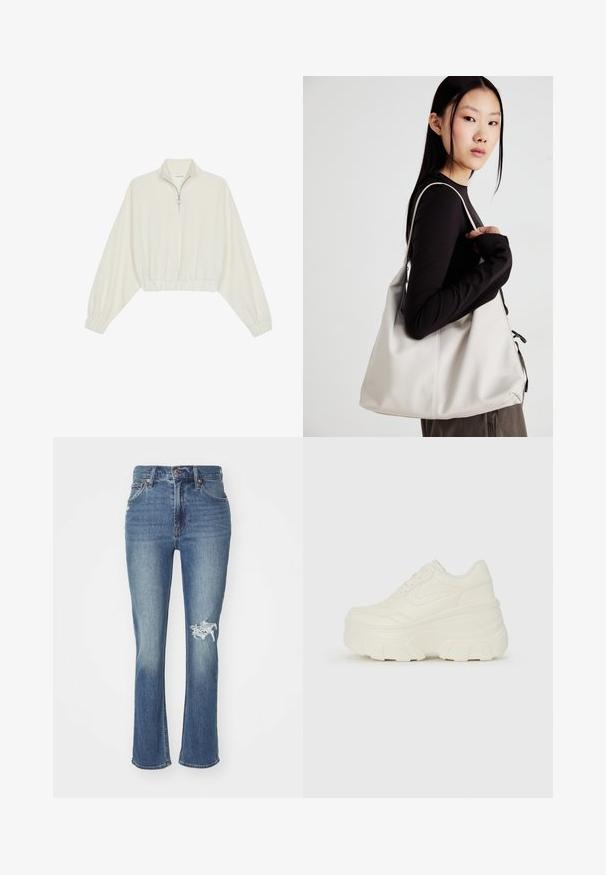 Pulover scurt din stofă crem, cu guler înalt, închidere cu fermoar pe jumătate, elastic la margini și la manșete, cu o textură netedă și un design minimalist.; Blugi din denim albastru cu tiv evazat, talie înaltă, ușoare deteriorări la genunchiul stâng și design tradițional cu cinci buzunare.; Adidași platformă albi, cu un superior neted asemănător cu pielea, formă rotunjită, guler căptușit și talpă din cauciuc texturată cu borduri bine definite.; Geantă bej din material moale, cu un design lejer, detalii cusute și două bretele pentru umăr. Potrivită pentru utilizarea zilnică.