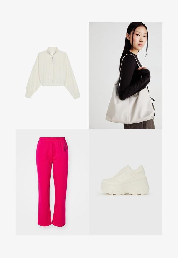 Kreminės spalvos trumpas megztinis, turintis aukštą apykaklę, pusiau užtrauktuką, elastinį apačią irRankovių kraštus, su lygiu paviršiumi ir minimalizuotu dizainu.; GAP LOGO PANT - Treningo apatinė dalis - bright beet; Baltos platformos sportbačiai su lygiu odos primenančiu paviršiumi, apvalia forma, paminkštintu apykakle ir tekstūruotu guminiu padu su ryškiais protektoriais.; Bežinė rankinė, pagaminta iš minkštos medžiagos, turinti laisvą dizainą, siuvinėtas detalės ir dvi petnešos. Tinkama kasdieniam naudojimui.