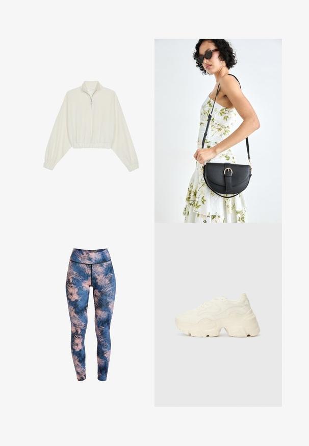 Cropped pullover in cream fabric, featuring a high collar, half-zip closure, elasticated hem and cuffs, with a smooth texture and minimal design.; Leggings featuring a blue and pink tie-dye pattern, high-waisted design, stretchy fabric, and flat seams for comfort.; Chunky white sneakers made of textured mesh and synthetic materials, featuring a thick sole and intricate pattern details along the sides.; Black leather handbag with a curved shape, detachable strap, and gold hardware. The bag features a flap with a buckle detail.