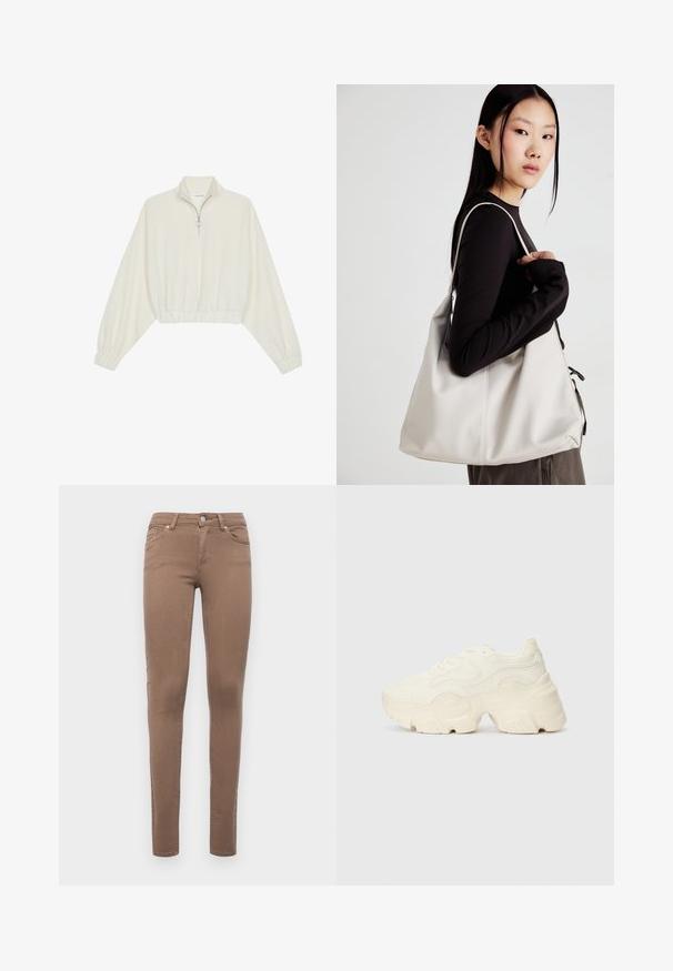 Kreemfarbenest lühikese varrukaga kudum, millel on kõrge kaelus, pool tõmblukk, elastne allosa ja varrukad, sile tekstuur ja minimaalne disain.; Pruunid kitsad teksad, mis on valmistatud puuvilla ja sünteetilise kiudude segust. Omab viit taskut, vööniite ja esist nuppe. Sile tekstuur.; Paksud valged tennised, mis on valmistatud tekstureeritud võrgu- ja sünteetilistest materjalidest, pakuvad paksu tallaga ja keerukat mustrit külgedel.; Bež käekott pehme materjali, millel on lõtv disain, õmblustega detailid ja kaks õlarihma. Sobib igapäevaseks kasutamiseks.