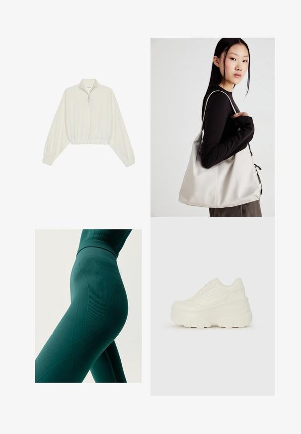 Krém színű, rövidített pulóver, magas gallérral, félig cipzáros záródással, elasztikus derék- és ujjakrésszel, sima textúrával és minimalista dizájnnal.; Magas derekú zöld leggings, bordázott textúrával és hullám mintával; testhez simuló fazon, kiemelő varrás részletekkel.; Fehér platform sportcipők, sima bőrszerű felsőrésszel, kerek formával, párnázott bokával és texturált gumitalppal, jól definiált mintázattal.; Puha anyagból készült bézs kézitáska, laza dizájnnal, varrott részletekkel és két vállpánttal. Mindennapi használatra alkalmas.